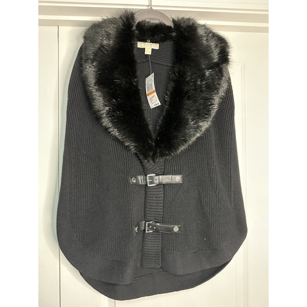 Michael Kors, Buckle Poncho/Vest, Black W/Detachable Faux Fur Collar, Size S‎